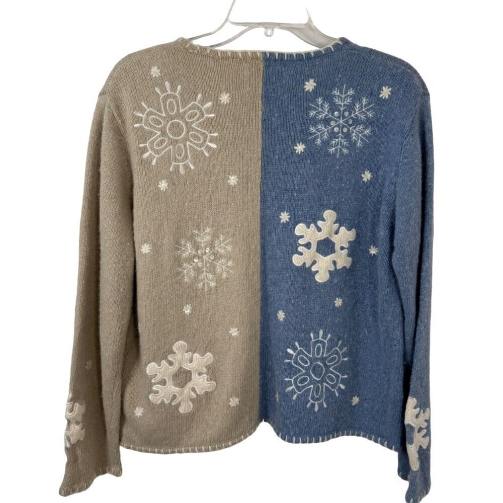 Christopher & Banks Angora Snowflake Embroidered Cardigan Blue Beige White M EUC - Picture 2 of 9